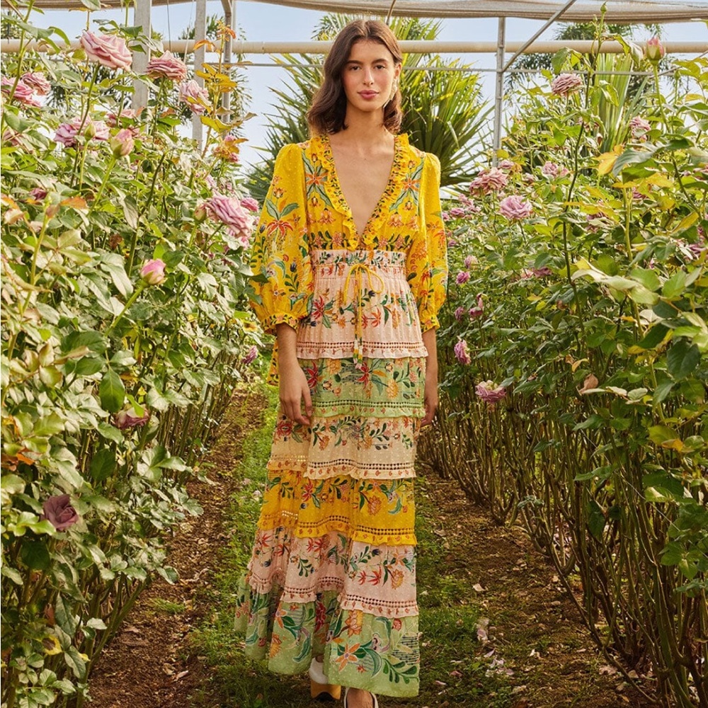FARM Rio Yellow Multi Floral Tiered Maxi Dress